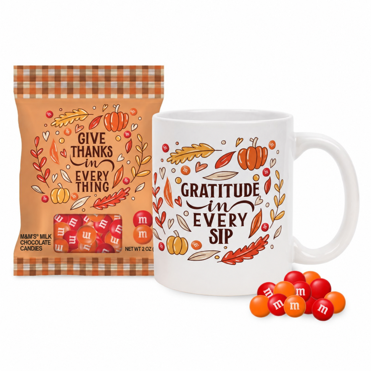 M&M’S mug gift set with autumn artwork and a blank client logo area